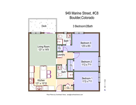 Floor plan for 3 beds, 2 baths, 800 sqft